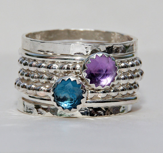 Birthstone Rings Set Rose Cut London Blue Topaz Amethyst February Birthstone Ring, Stackable Ring, Sterling Silver Ring, Mothers Stack Ring